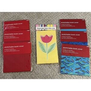 Lot of 7 Stretchable Book Covers Red Blue Science History Yellow Floral Tulip